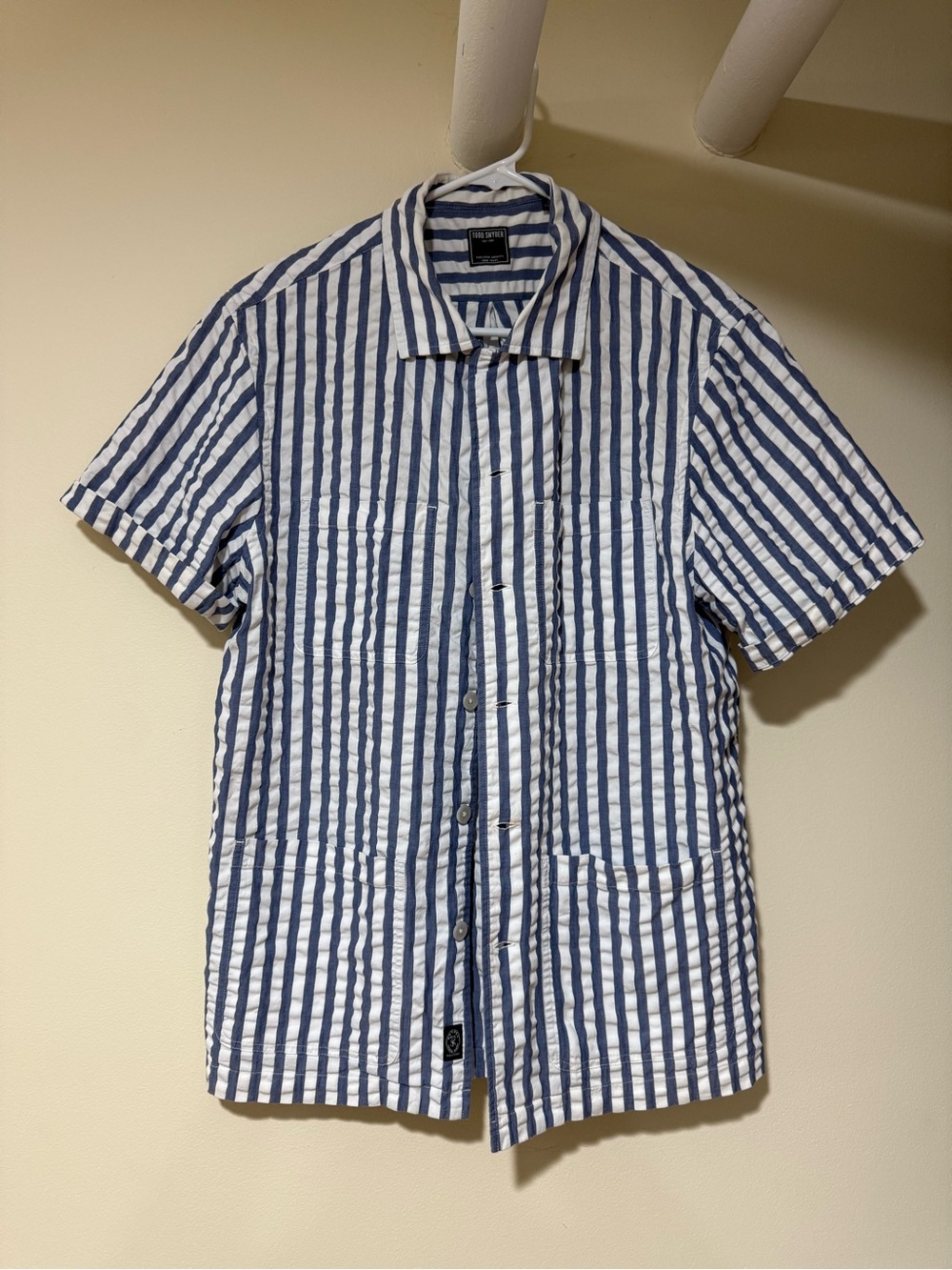Todd Snyder Blue and White Vertical Stripe Chore Shirt Jacket M